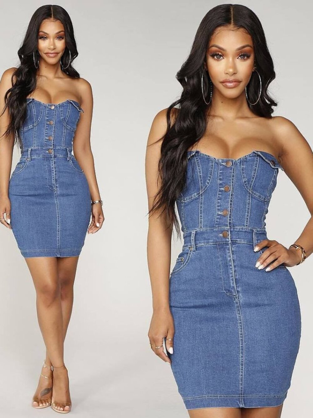 Fashion Nova Denim Bodycon Tube Mini Dress Bustier Stretch Button Front Small